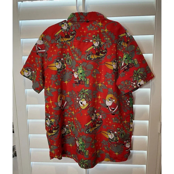 SSLR Boys Hawaiian Christmas Santa Surf Red Shirt Button Down Short Sleeve Large - Picture 2 of 7